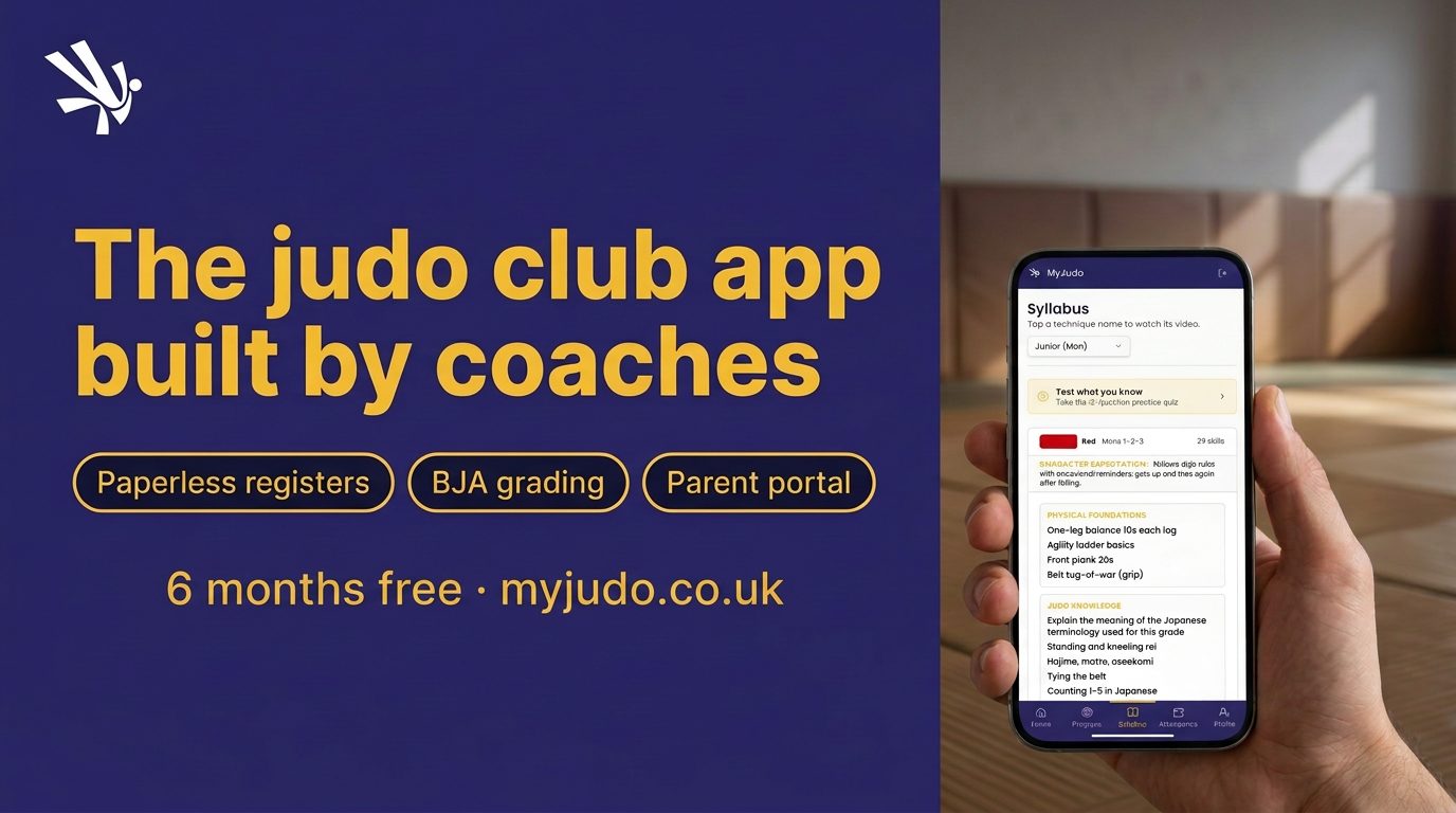 MyJudo app open on a phone in a dojo